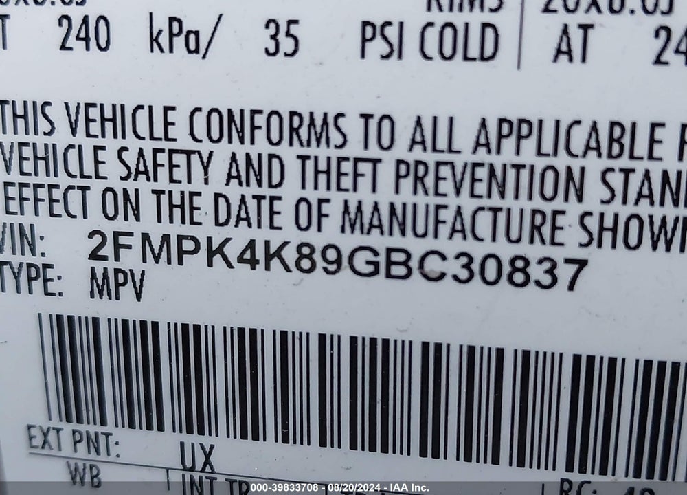 2016 FORD EDGE TITANIUM VIN: 2FMPK4K89GBC30837