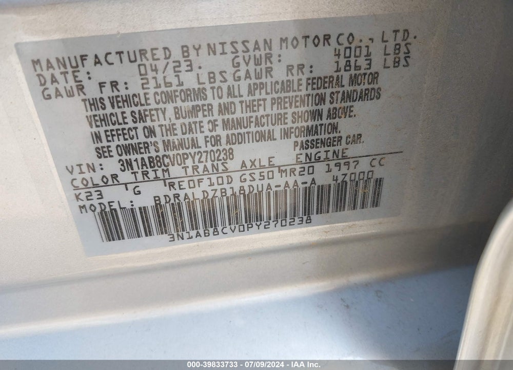 2023 NISSAN SENTRA SV XTRONIC CVT VIN: 3N1AB8CV0PY270238