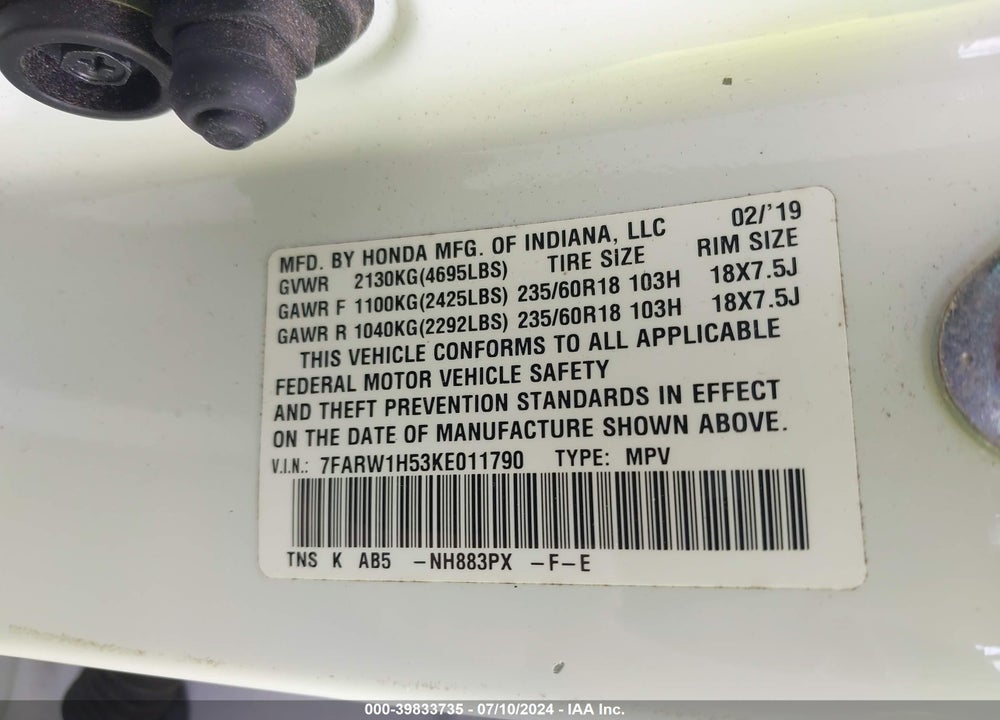 2019 HONDA CR-V EX VIN: 7FARW1H53KE011790