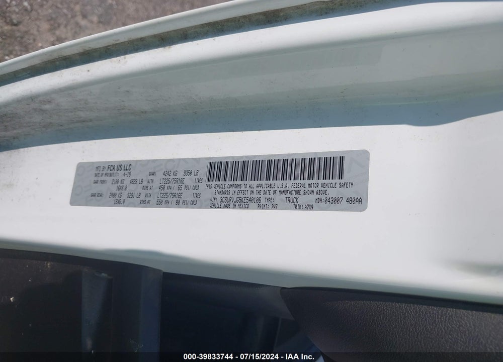 2019 RAM PROMASTER 3500 CARGO VAN HIGH ROOF 159 WB EXT VIN: 3C6URVJG5KE540106