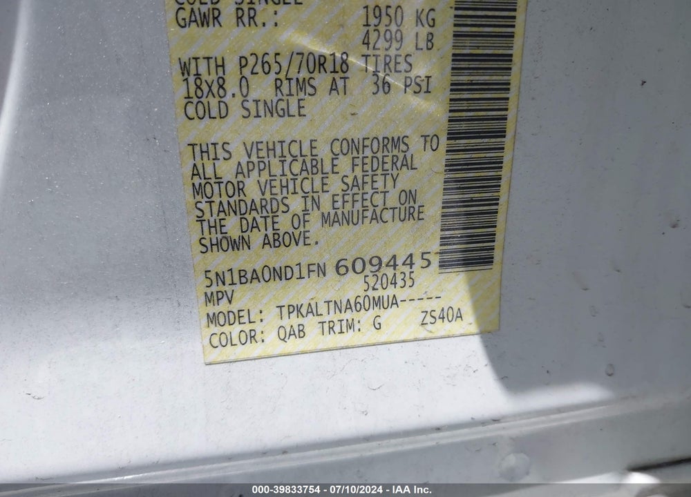 2015 NISSAN ARMADA SV VIN: 5N1BA0ND1FN609445