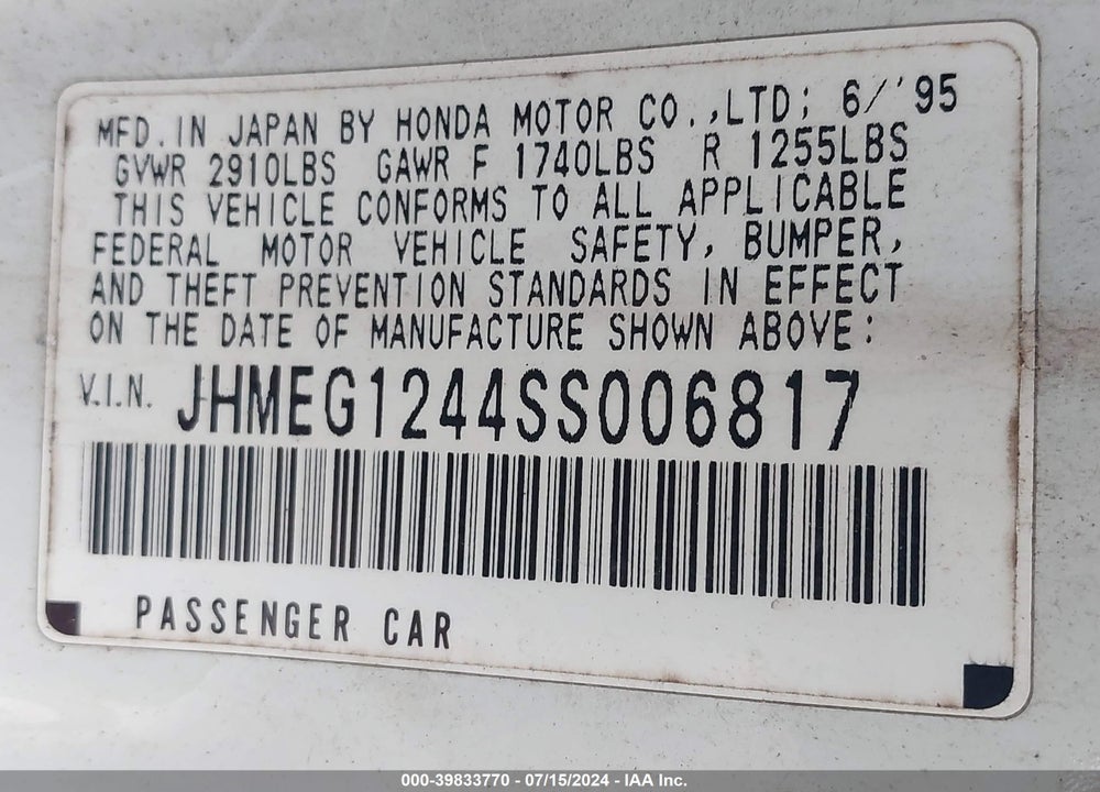 1995 HONDA CIVIC DEL SOL S VIN: JHMEG1244SS006817
