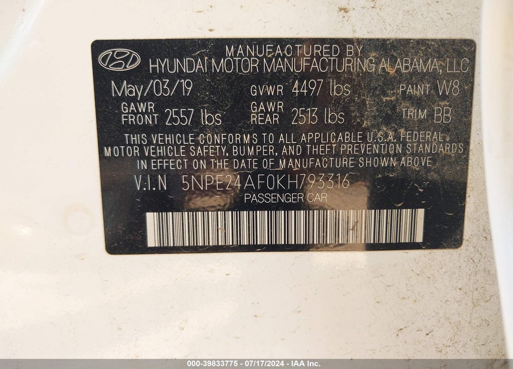 2019 HYUNDAI SONATA VIN: 5NPE24AF0KH793316