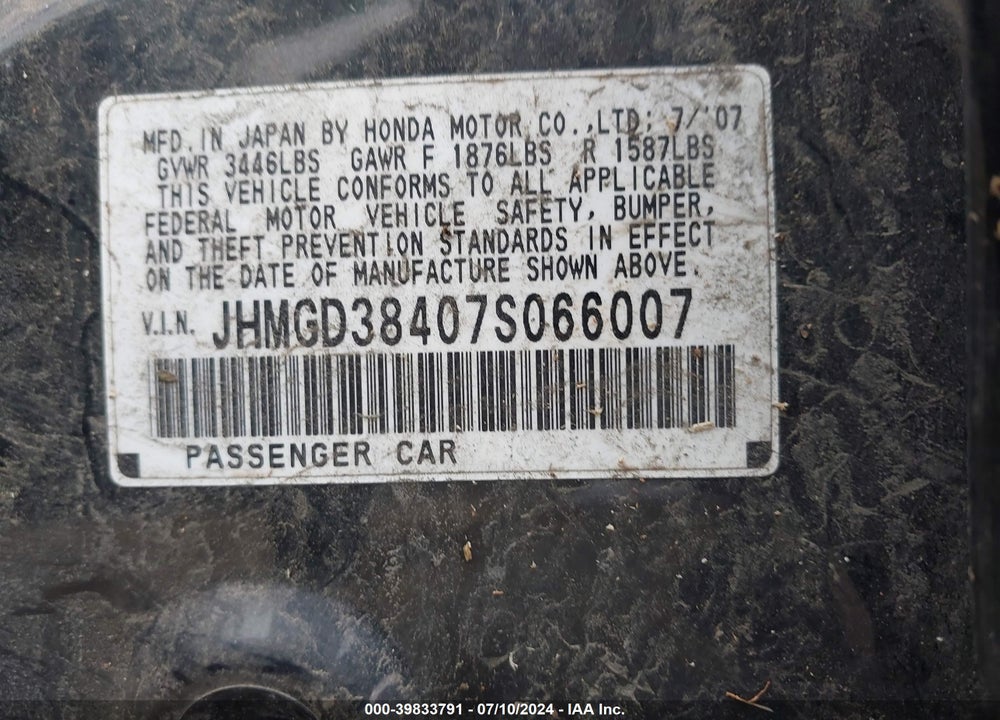 2007 HONDA FIT VIN: JHMGD38407S066007