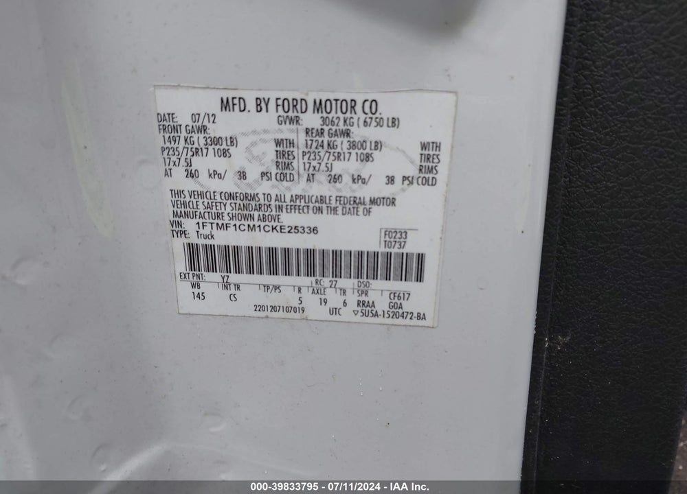 2012 FORD F-150 XL VIN: 1FTMF1CM1CKE25336