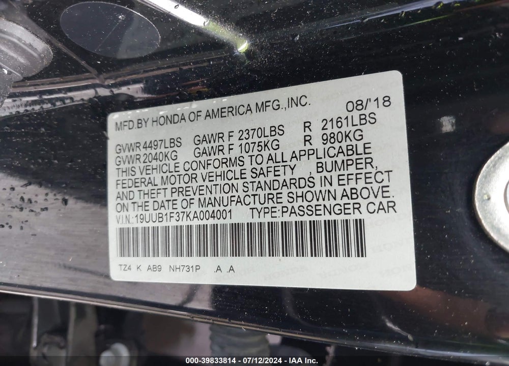 2019 ACURA TLX STANDARD VIN: 19UUB1F37KA004001