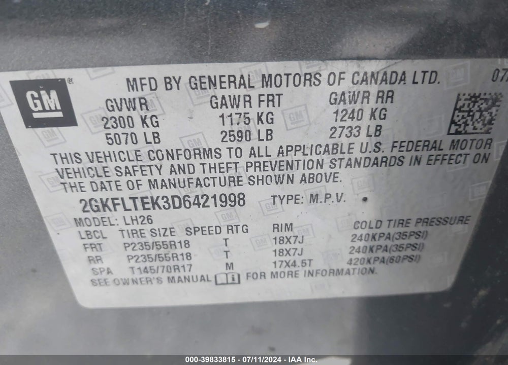 2013 GMC TERRAIN SLE-2 VIN: 2GKFLTEK3D6421998
