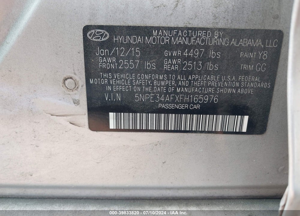 2015 HYUNDAI SONATA SPORT VIN: 5NPE34AFXFH165976
