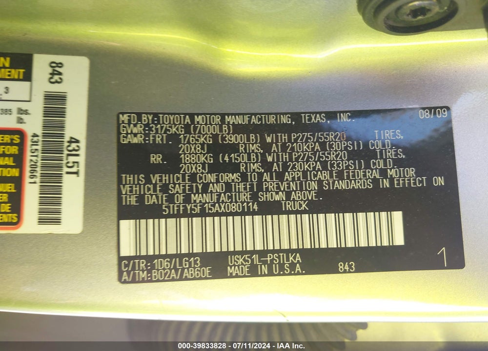 2010 TOYOTA TUNDRA LIMITED 5.7L V8 VIN: 5TFFY5F15AX080114