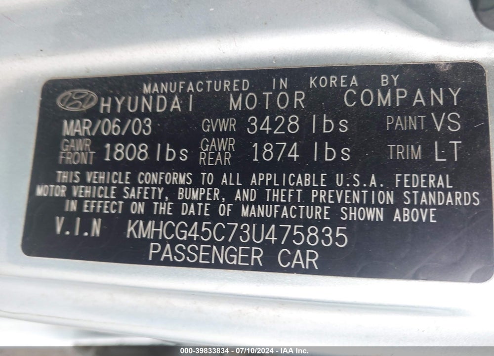 2003 HYUNDAI ACCENT GL VIN: KMHCG45C73U475835