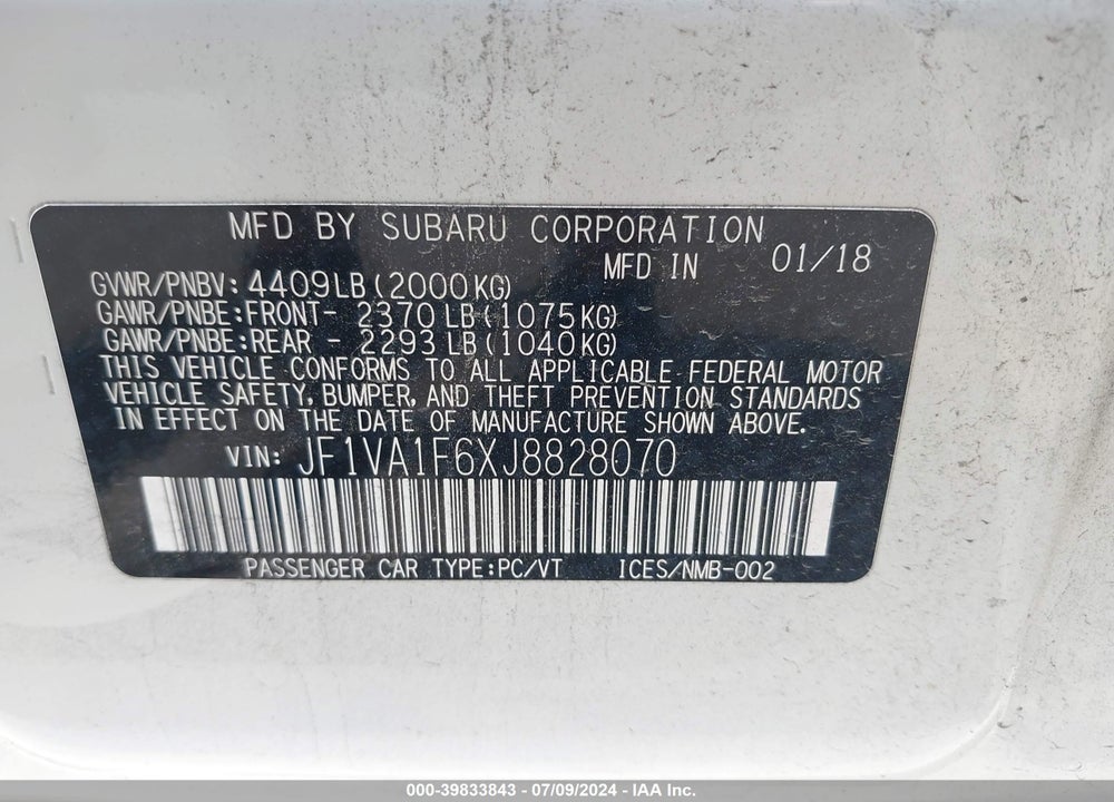 2018 SUBARU WRX LIMITED VIN: JF1VA1F6XJ8828070