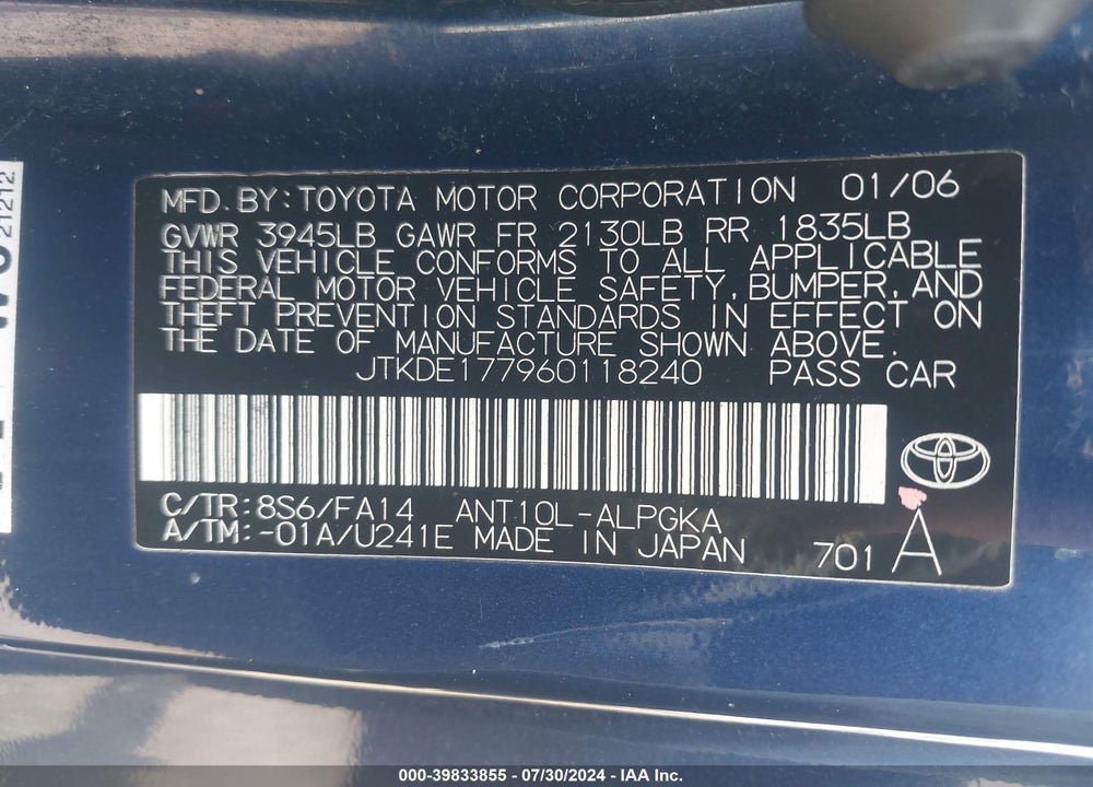 2006 SCION TC VIN: JTKDE177960118240