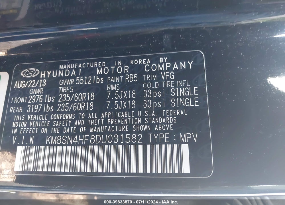 2013 HYUNDAI SANTA FE GLS VIN: KM8SN4HF8DU031582