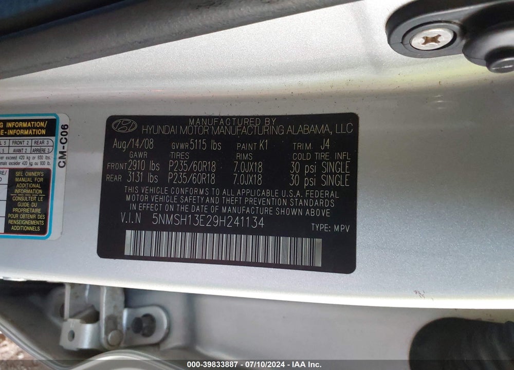 2009 HYUNDAI SANTA FE SE VIN: 5NMSH13E29H241134