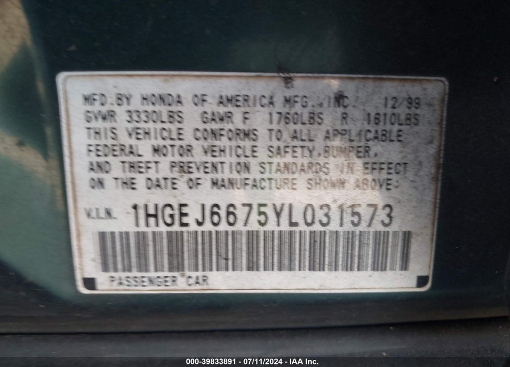 2000 HONDA CIVIC VIN: 1HGEJ6675YL031573