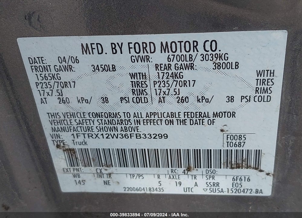 2006 FORD F-150 STX/XL/XLT VIN: 1FTRX12W36FB33299
