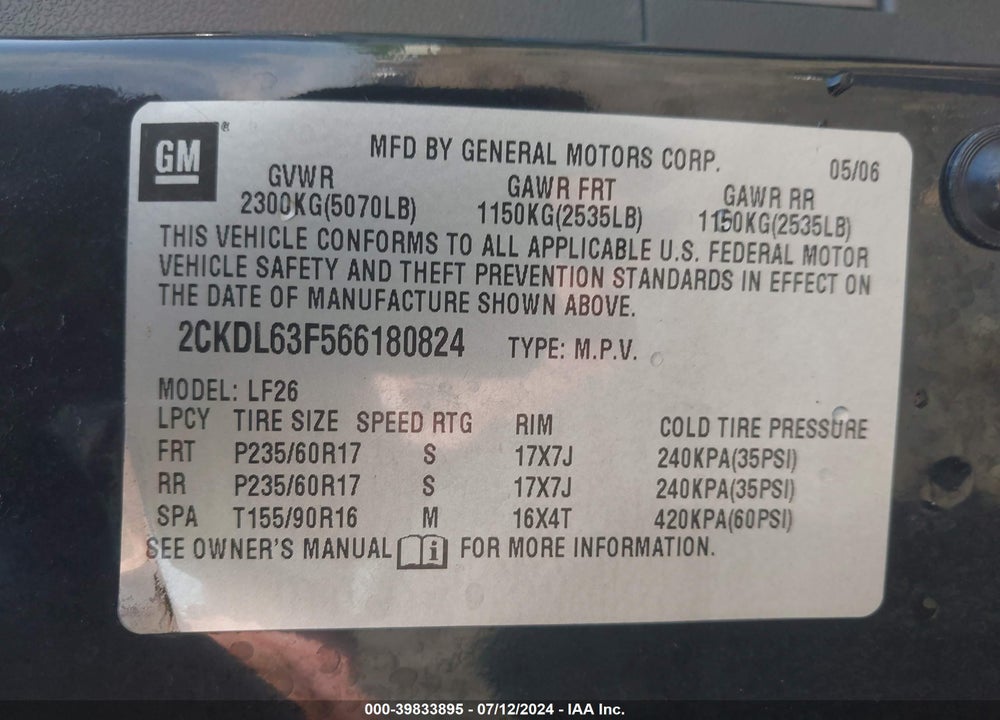 2006 PONTIAC TORRENT VIN: 2CKDL63F566180824
