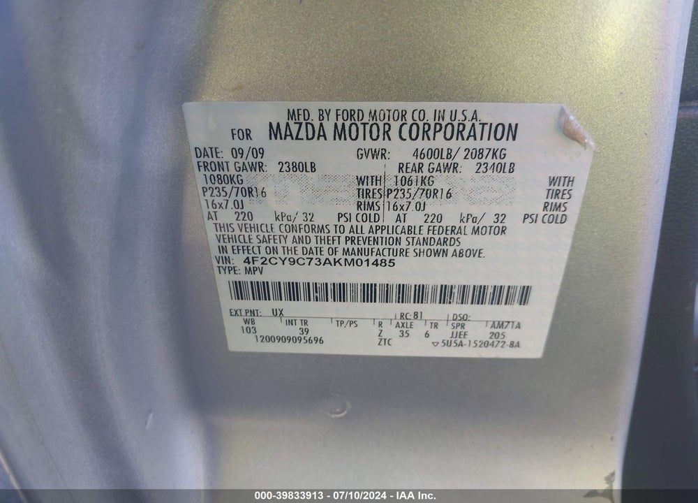 2010 MAZDA TRIBUTE I TOURING VIN: 4F2CY9C73AKM01485