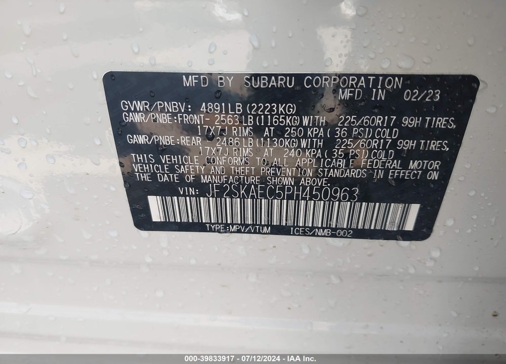2023 SUBARU FORESTER PREMIUM VIN: JF2SKAEC5PH450963