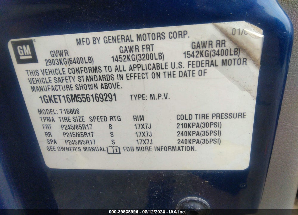 2005 GMC ENVOY XL SLT VIN: 1GKET16M556169291
