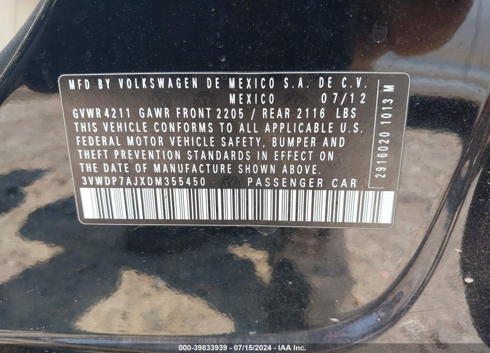 2013 VOLKSWAGEN JETTA 2.5L SE VIN: 3VWDP7AJXDM355450