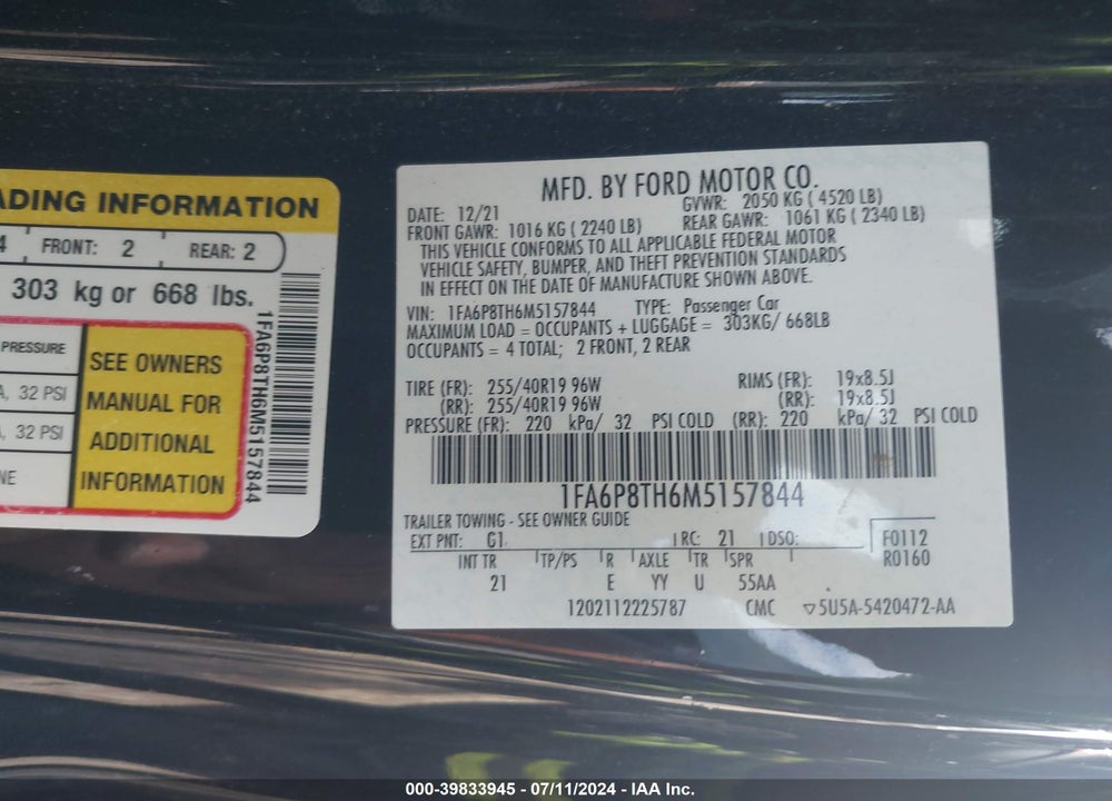 2021 FORD MUSTANG ECOBOOST FASTBACK VIN: 1FA6P8TH6M5157844