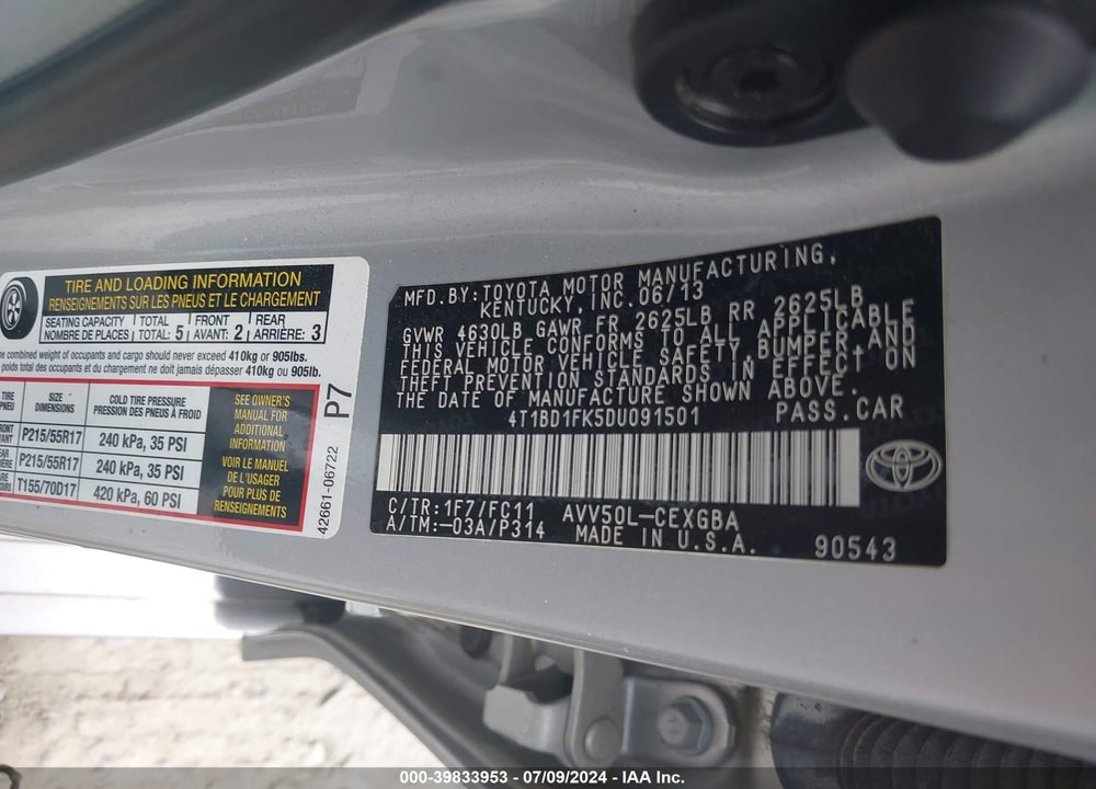 2013 TOYOTA CAMRY HYBRID XLE VIN: 4T1BD1FK5DU091501