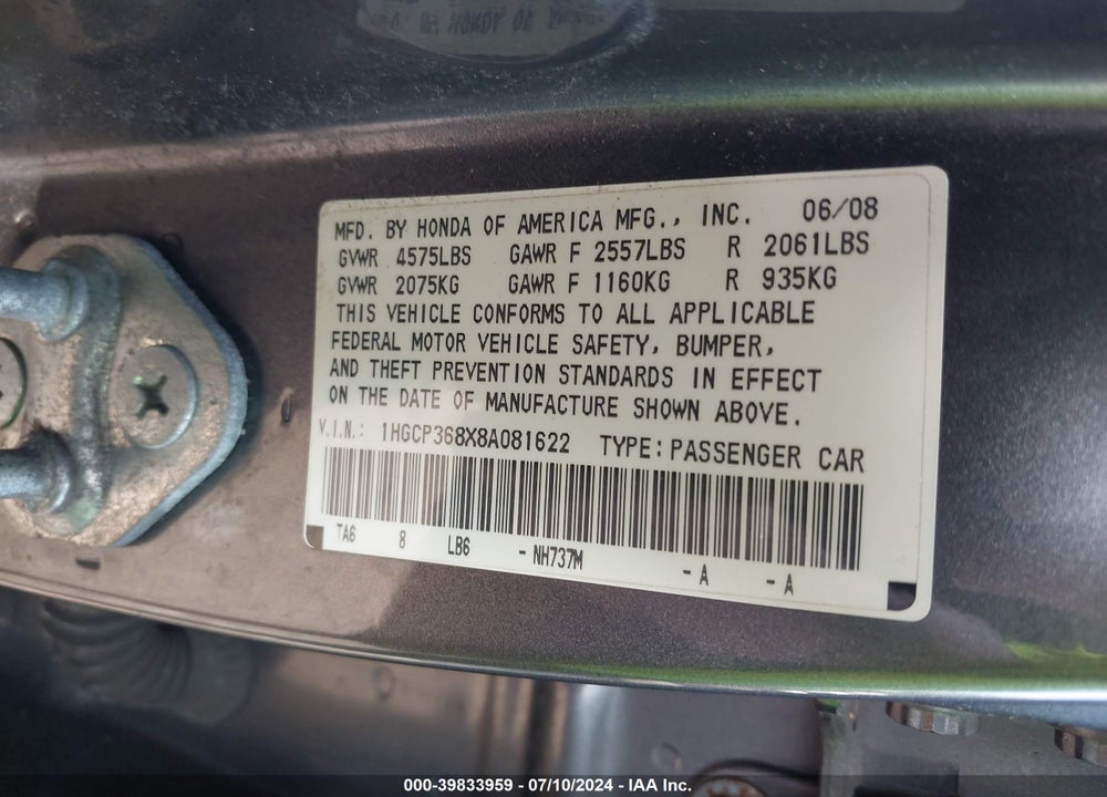 2008 HONDA ACCORD 3.5 EX-L VIN: 1HGCP368X8A081622