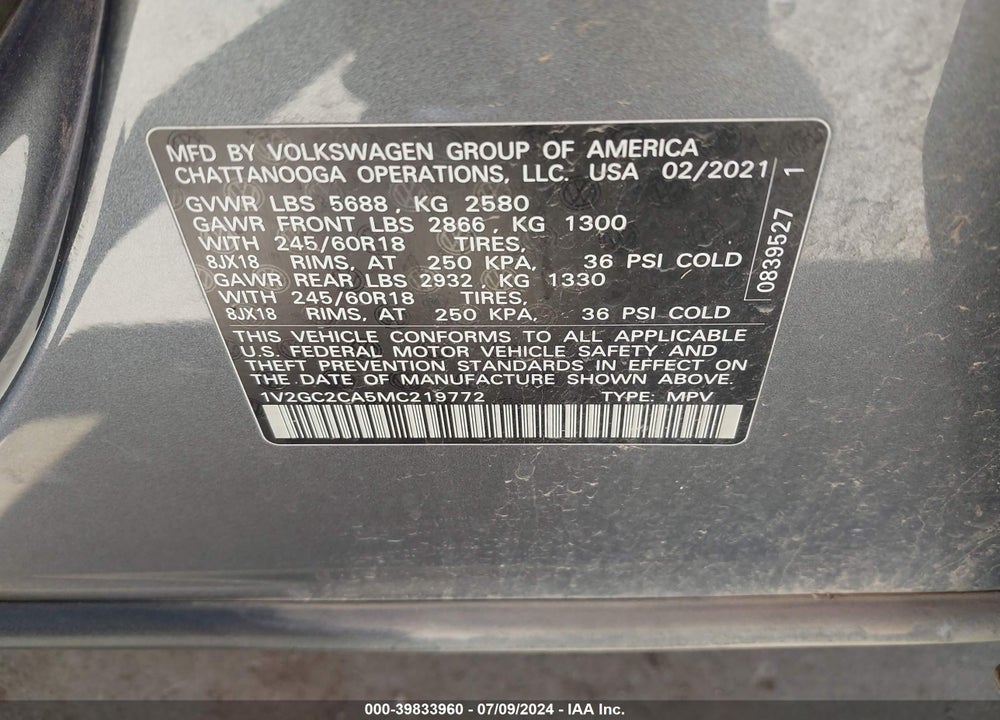 2021 VOLKSWAGEN ATLAS CROSS SPORT 2.0T S VIN: 1V2GC2CA5MC219772
