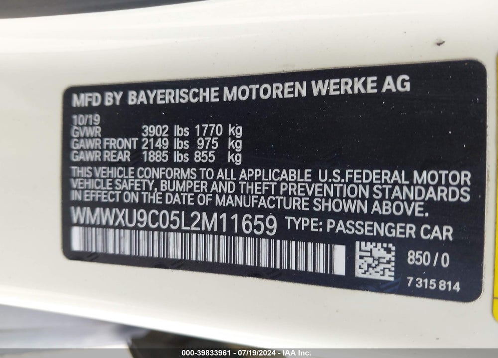 2020 MINI HARDTOP COOPER S VIN: WMWXU9C05L2M11659