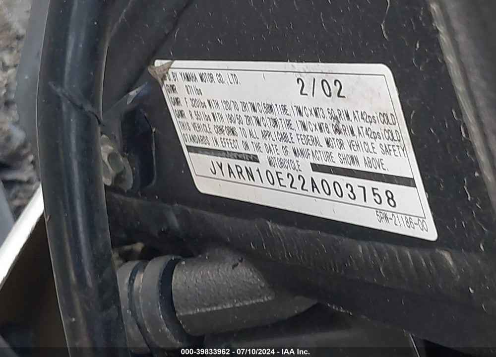 2002 YAMAHA YZFR1 VIN: JYARN10E22A003758