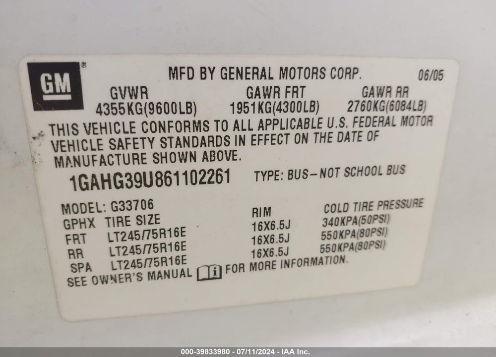 2006 CHEVROLET EXPRESS LS VIN: 1GAHG39U861102261