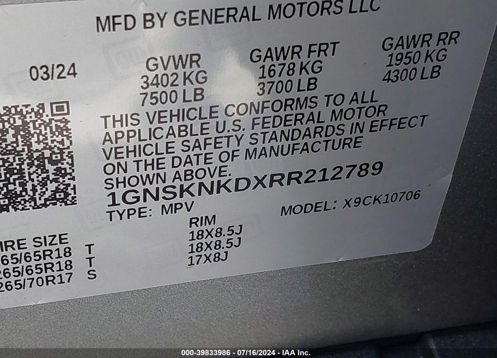 2024 CHEVROLET TAHOE 4WD LT VIN: 1GNSKNKDXRR212789