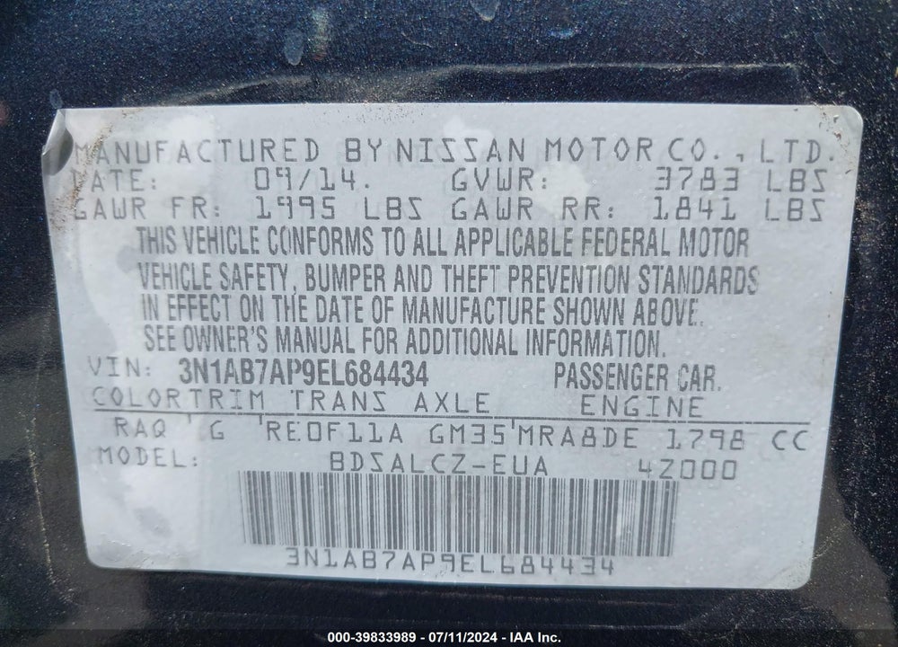 2014 NISSAN SENTRA S VIN: 3N1AB7AP9EL684434