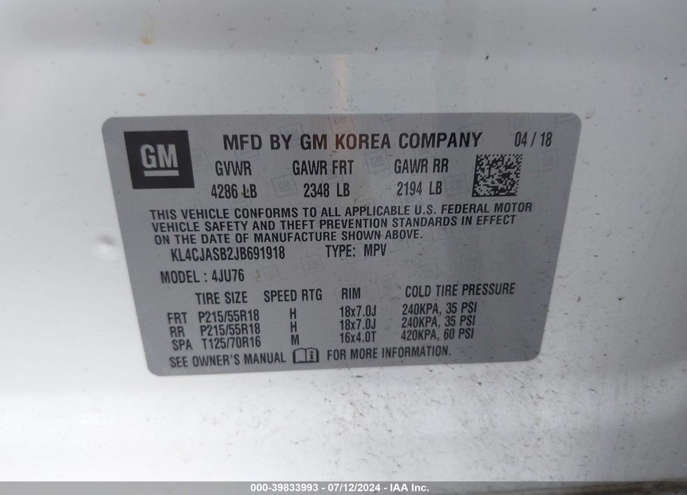 2018 BUICK ENCORE PREFERRED VIN: KL4CJASB2JB691918
