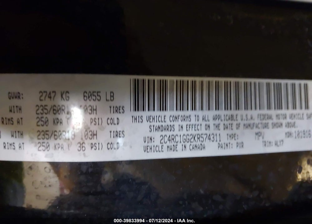 2019 CHRYSLER PACIFICA LIMITED VIN: 2C4RC1GG2KR574311