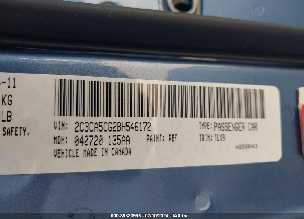 2011 CHRYSLER 300 LIMITED VIN: 2C3CA5CG2BH546172