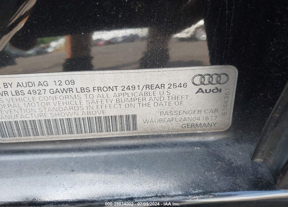 2010 AUDI A4 2.0T PREMIUM VIN: WAUBFAFL2AN041617