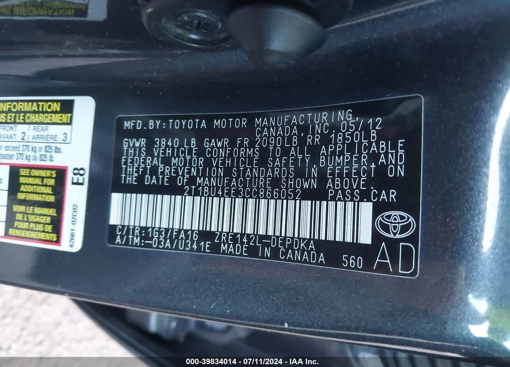 2012 TOYOTA COROLLA L VIN: 2T1BU4EE3CC866052