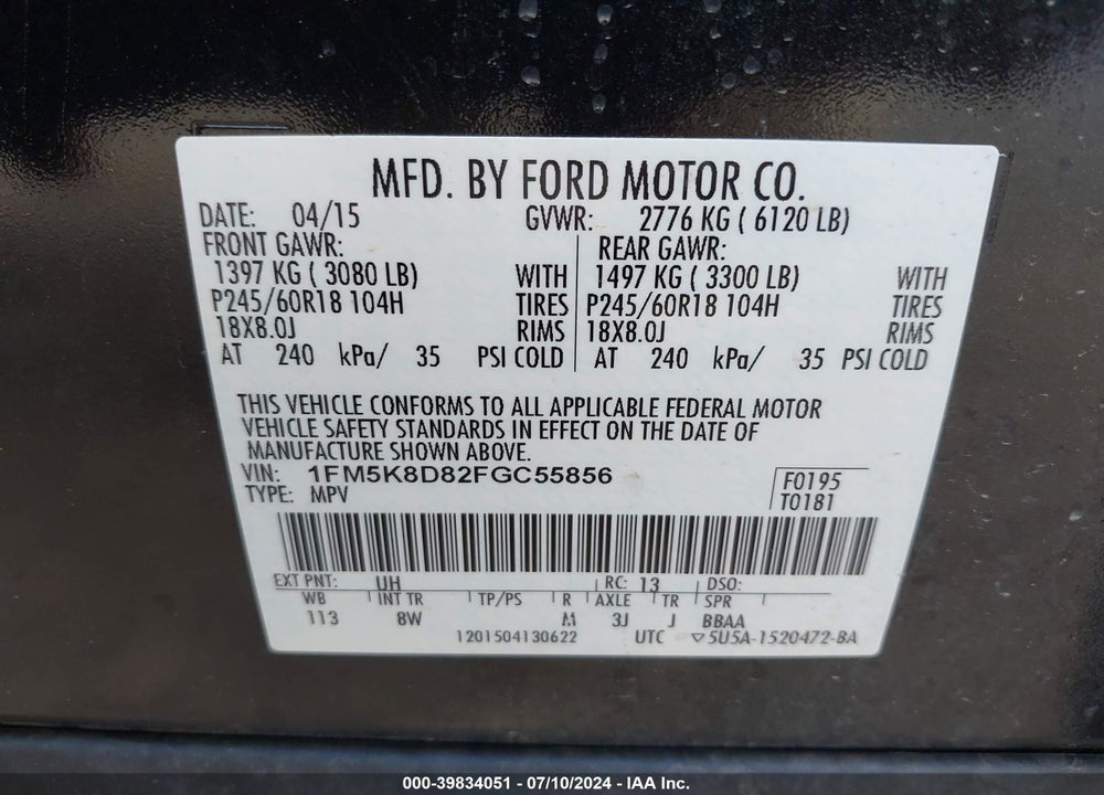 2015 FORD EXPLORER XLT VIN: 1FM5K8D82FGC55856