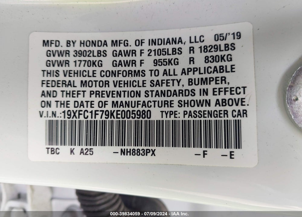 2019 HONDA CIVIC EX-L VIN: 19XFC1F79KE005980