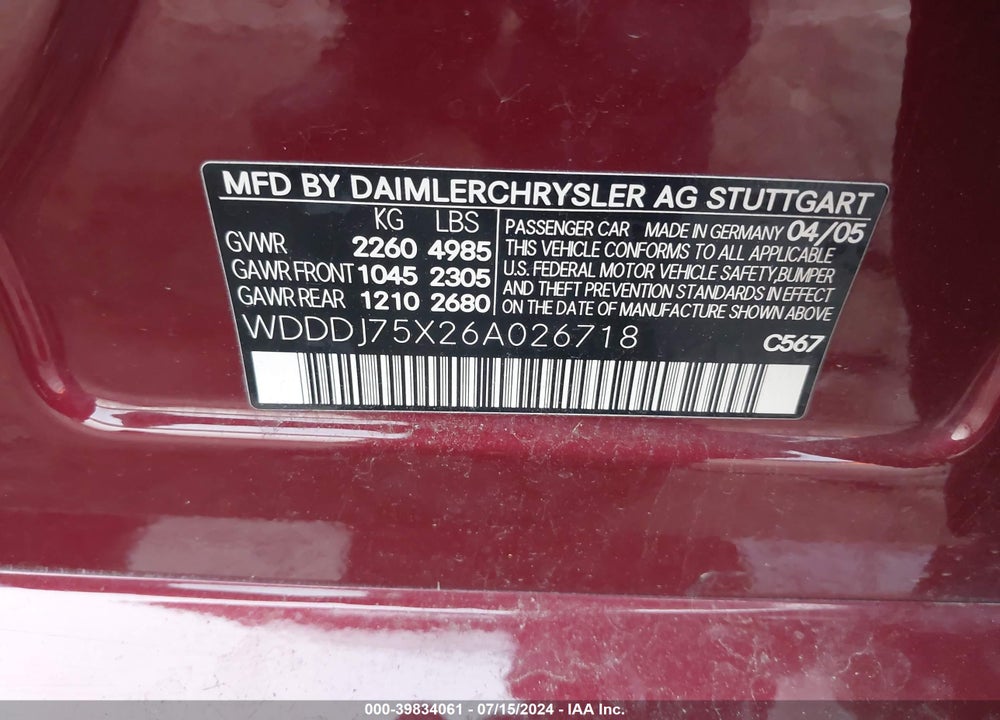 2006 MERCEDES-BENZ CLS 500 VIN: WDDDJ75X26A026718