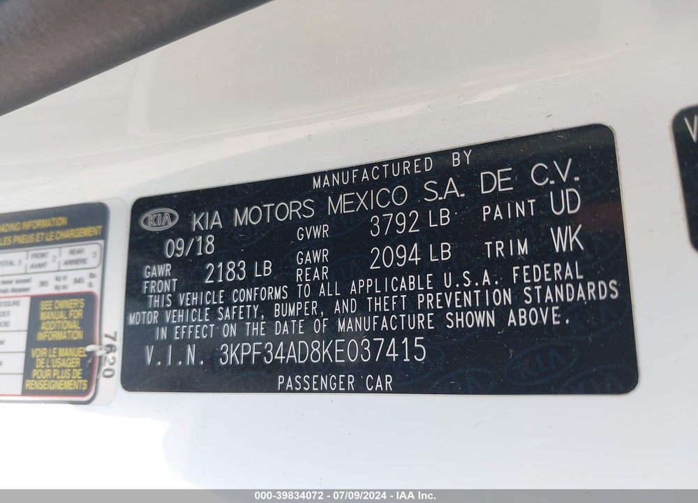 2019 KIA FORTE S VIN: 3KPF34AD8KE037415
