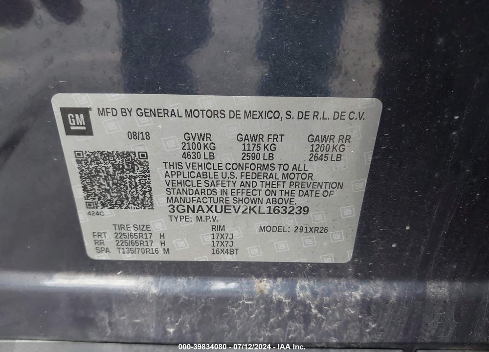 2019 CHEVROLET EQUINOX LT VIN: 3GNAXUEV2KL163239