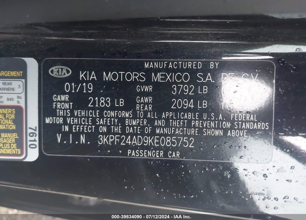 2019 KIA FORTE LXS VIN: 3KPF24AD9KE085752