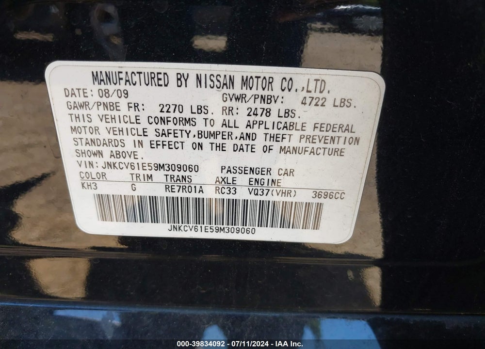 2009 INFINITI G37 JOURNEY VIN: JNKCV61E59M309060