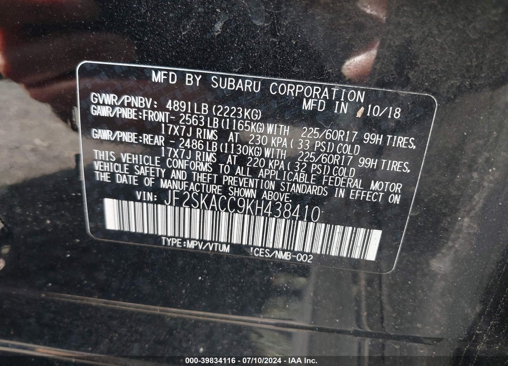2019 SUBARU FORESTER VIN: JF2SKACC9KH438410