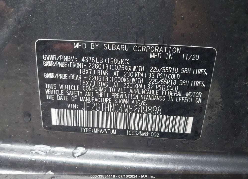 2021 SUBARU CROSSTREK LIMITED VIN: JF2GTHNC4M8289898