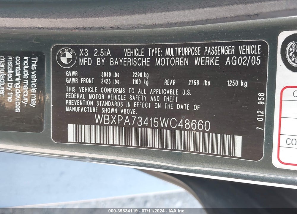 2005 BMW X3 2.5I VIN: WBXPA73415WC48660