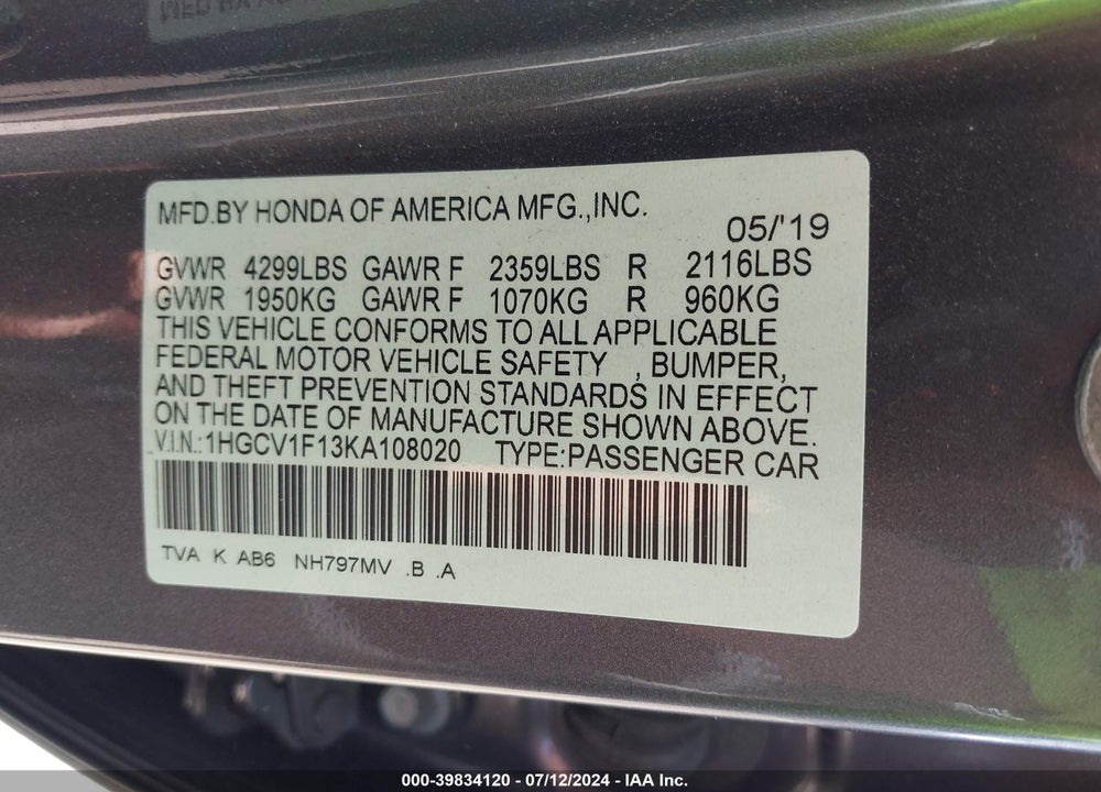 2019 HONDA ACCORD VIN: 1HGCV1F13KA108020